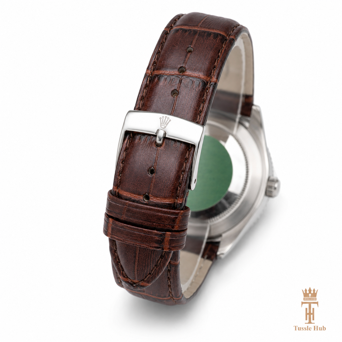 Brown Silver Black Day Date Leather Rolex Watch