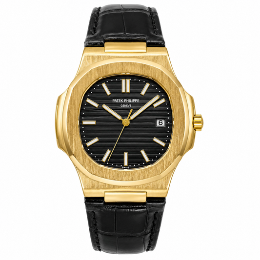 Black Leather Gold Black Dial Nautilus Watch