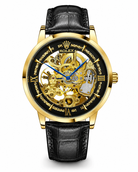 Leather Rol*x Black Gold  Black Automatic Skeleton Watch