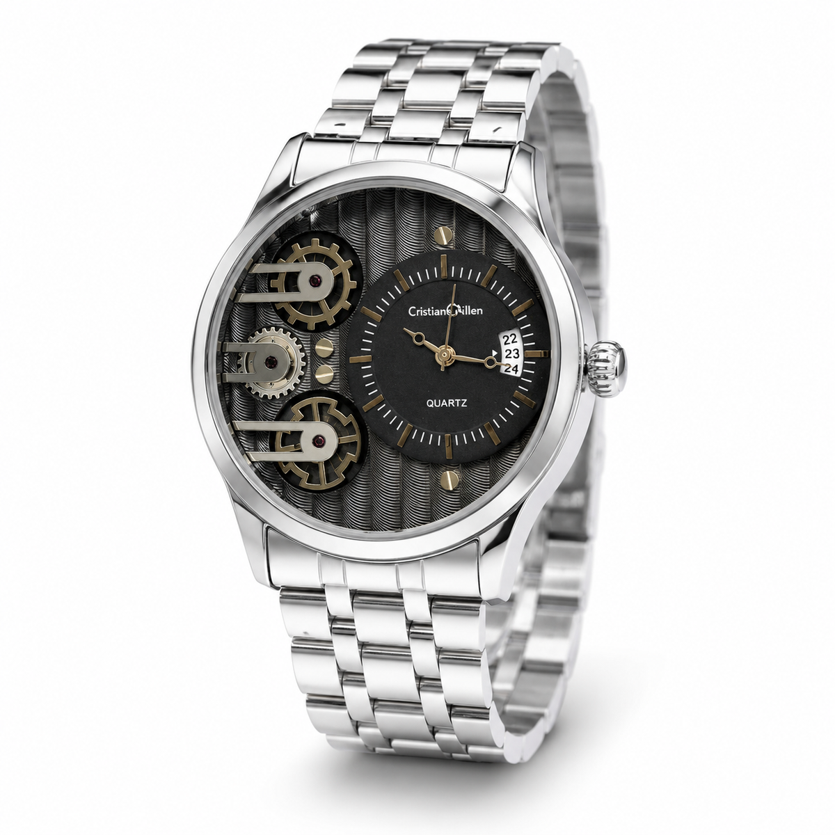 Silver Cristiano Aillen Black Dial Dual Gear Watch