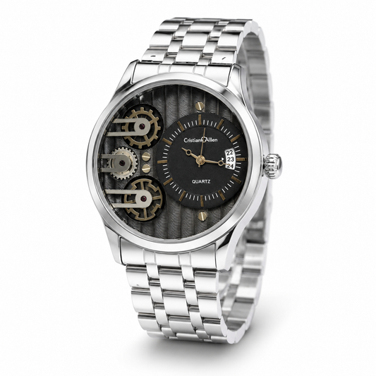 Silver Cristiano Aillen Black Dial Dual Gear Watch