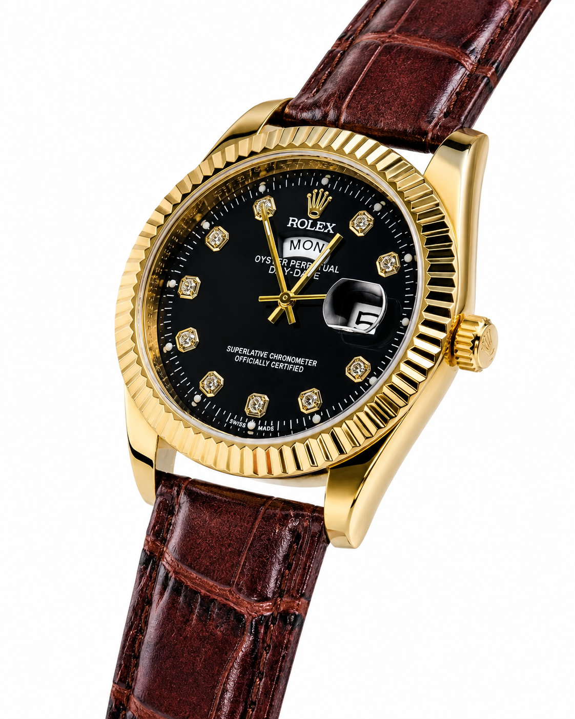 Brown Gold Black Day Date Leather Rolex Watch