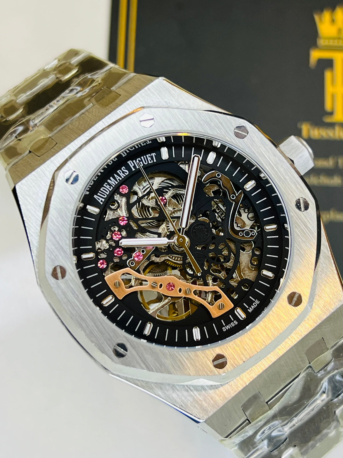 AP Silver Black Automatic Skeleton Dial Super Clone Watch