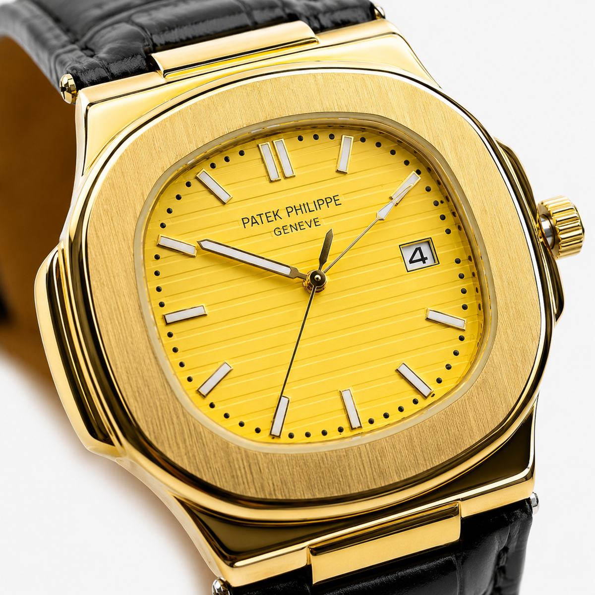 PP Black Leather Strapped Gold Nautilus Watch