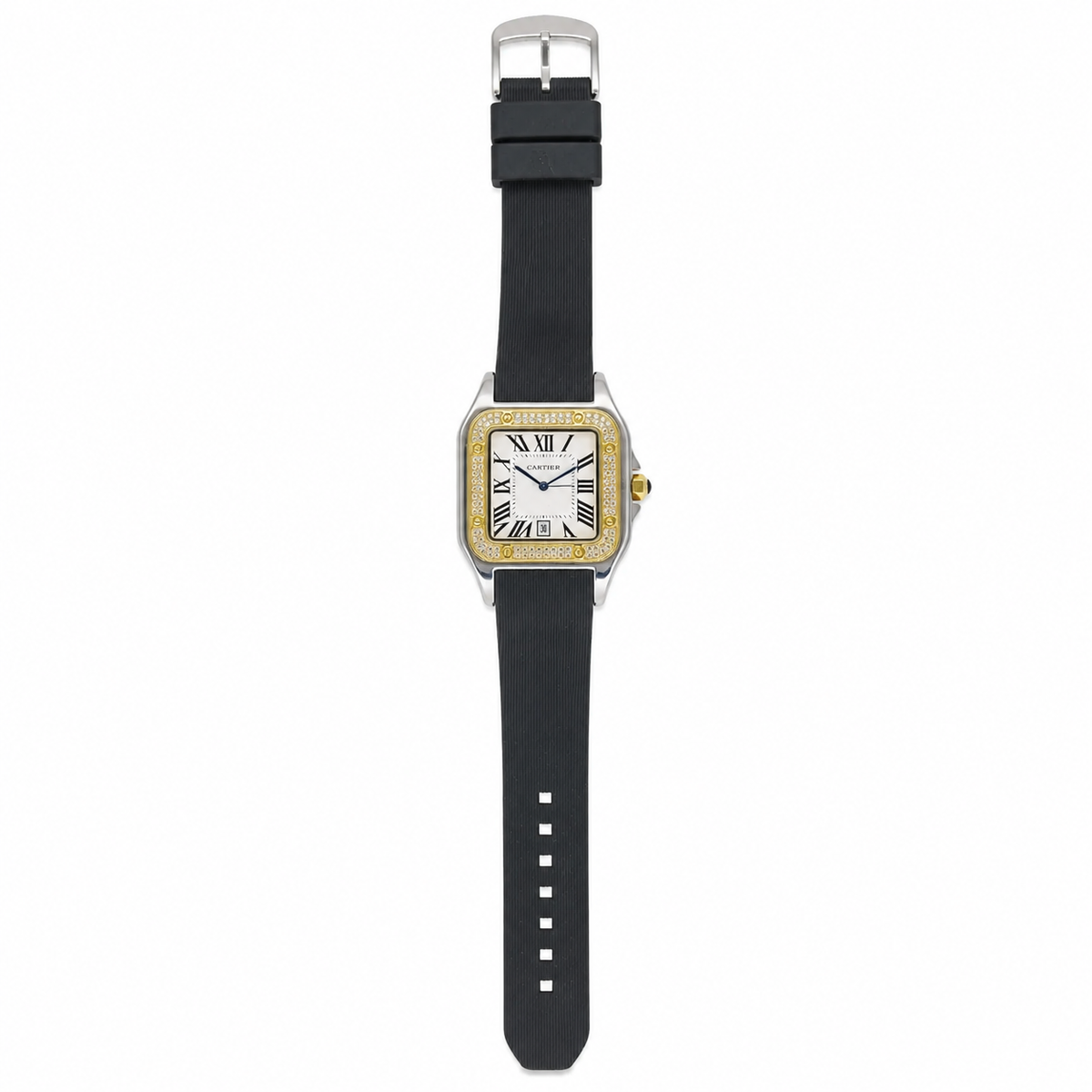 Two Tone White Iced Tank Silicon Cartier Watch