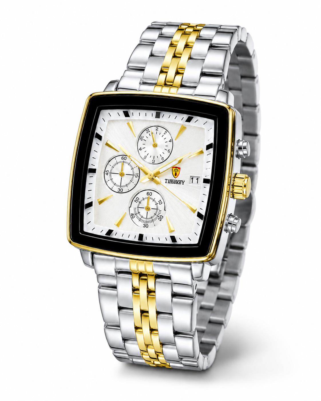 Timekey Two Tone White Square Chain Chronograph Watch