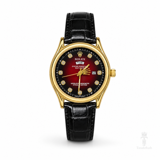 Black Gold Red Round Leather Rolex Watch