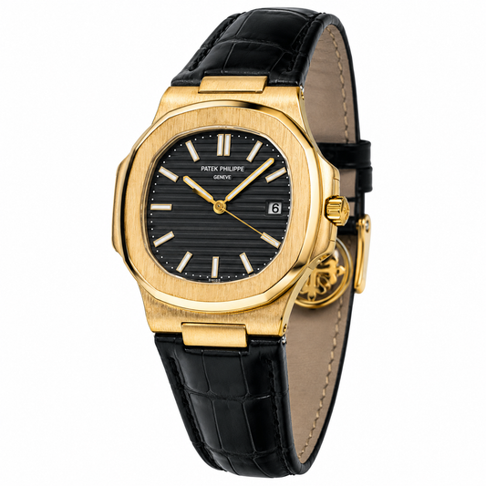 Black Leather Gold Black Dial Nautilus Watch