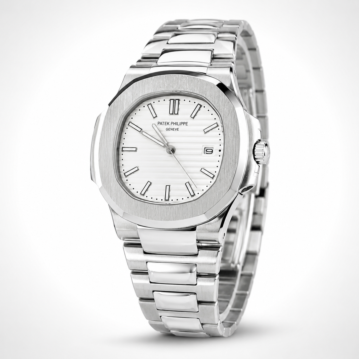 Silver Nautilus White Dial Watch