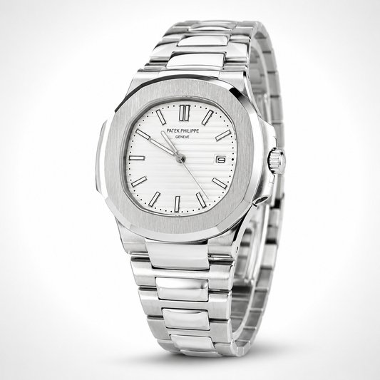 Silver Nautilus White Dial Watch