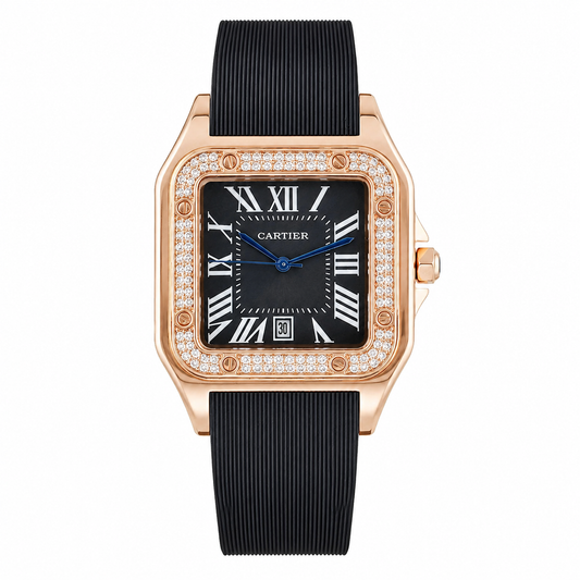 Rosegold Black Iced Tank Silicon Cartier Watch