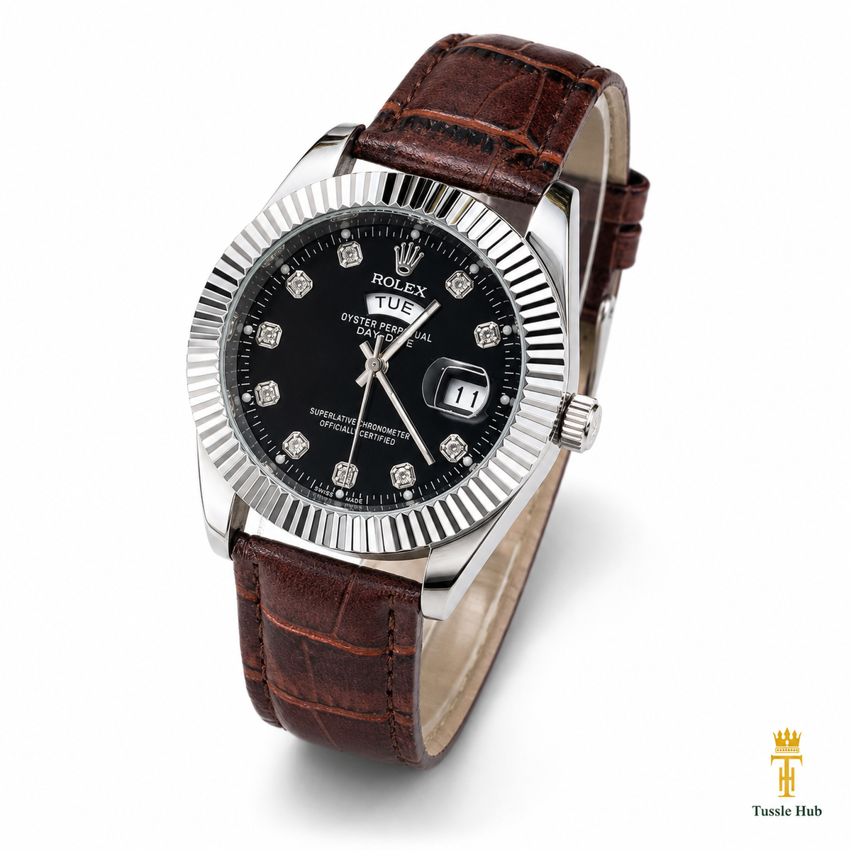 Brown Silver Black Day Date Leather Rolex Watch