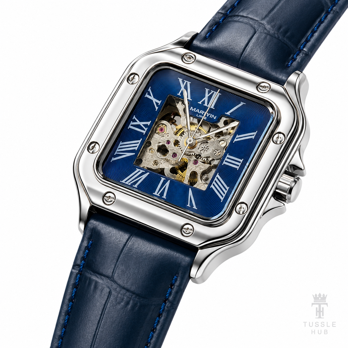 Blue Silver Tank Automatic Skeleton Watch