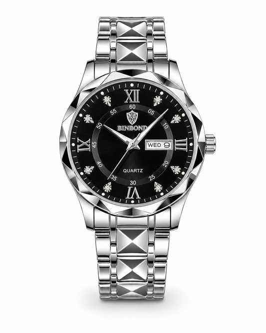 Silver Black Binbond Diamond Dial Watch