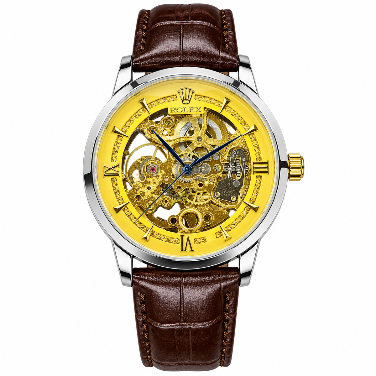 Leather Rol*x Brown Gold Automatic Skeleton Watch
