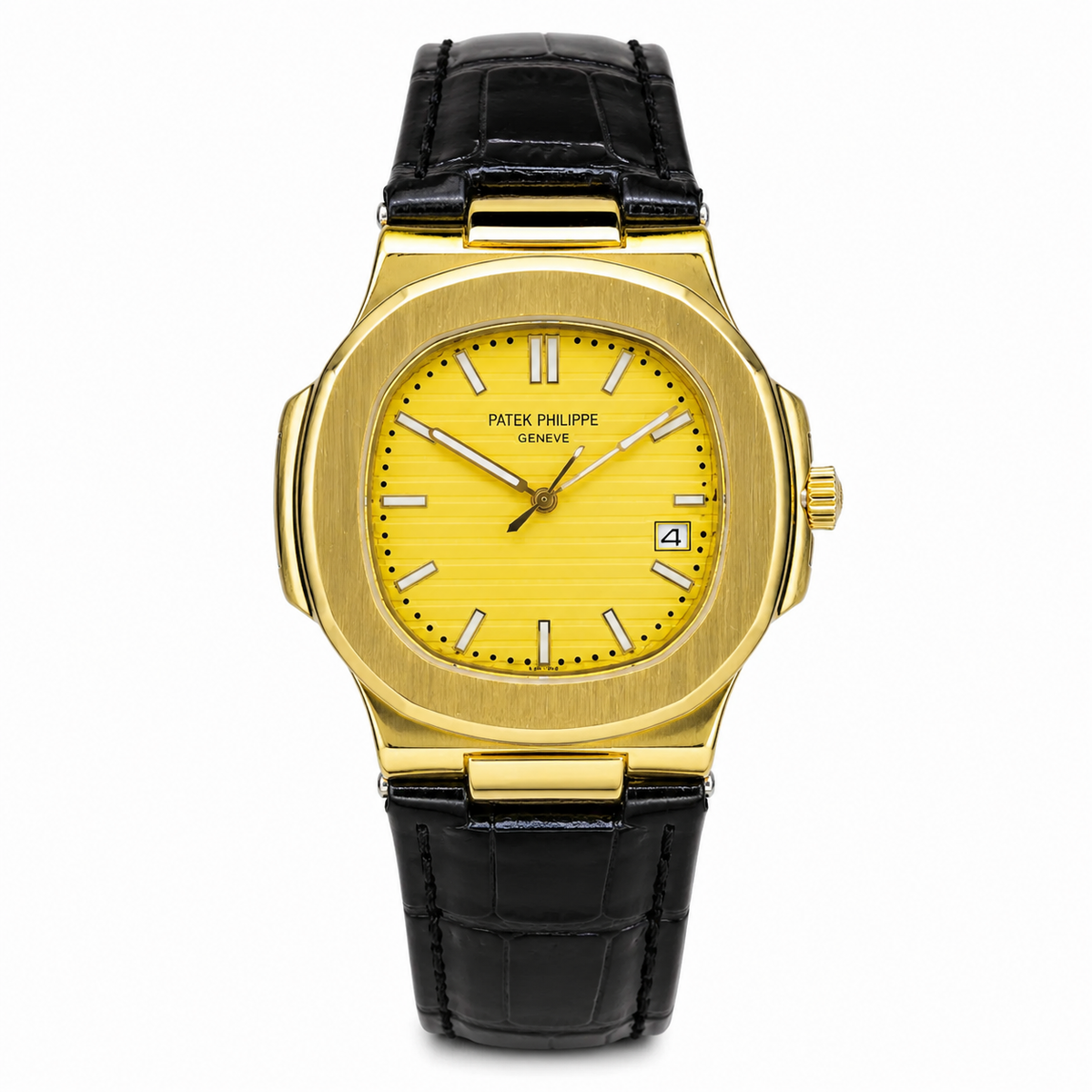 PP Black Leather Strapped Gold Nautilus Watch