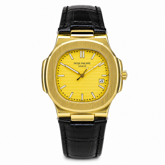 PP Black Leather Strapped Gold Nautilus Watch