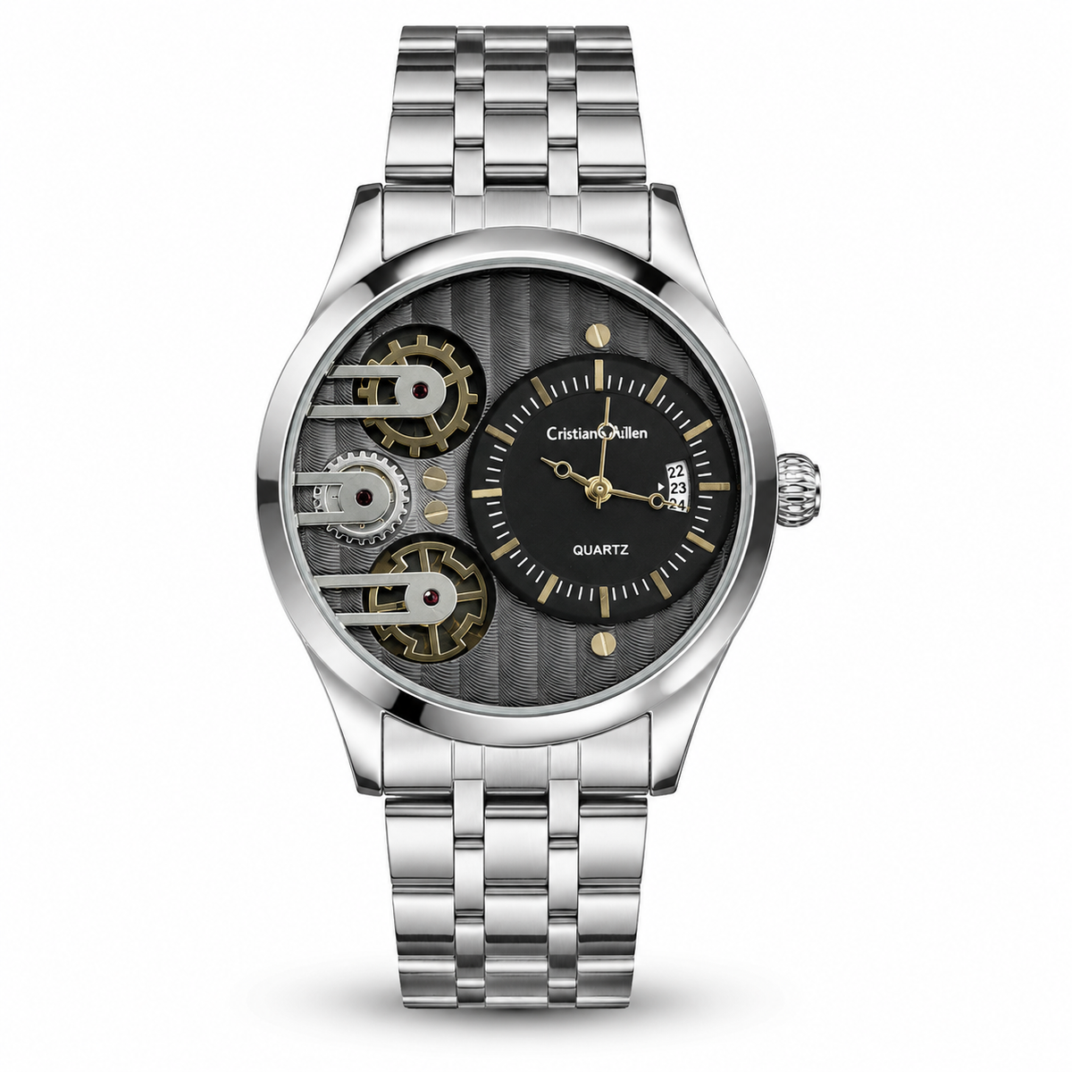 Silver Cristiano Aillen Black Dial Dual Gear Watch