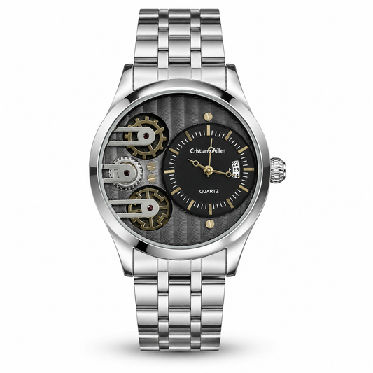 Silver Cristiano Aillen Black Dial Dual Gear Watch