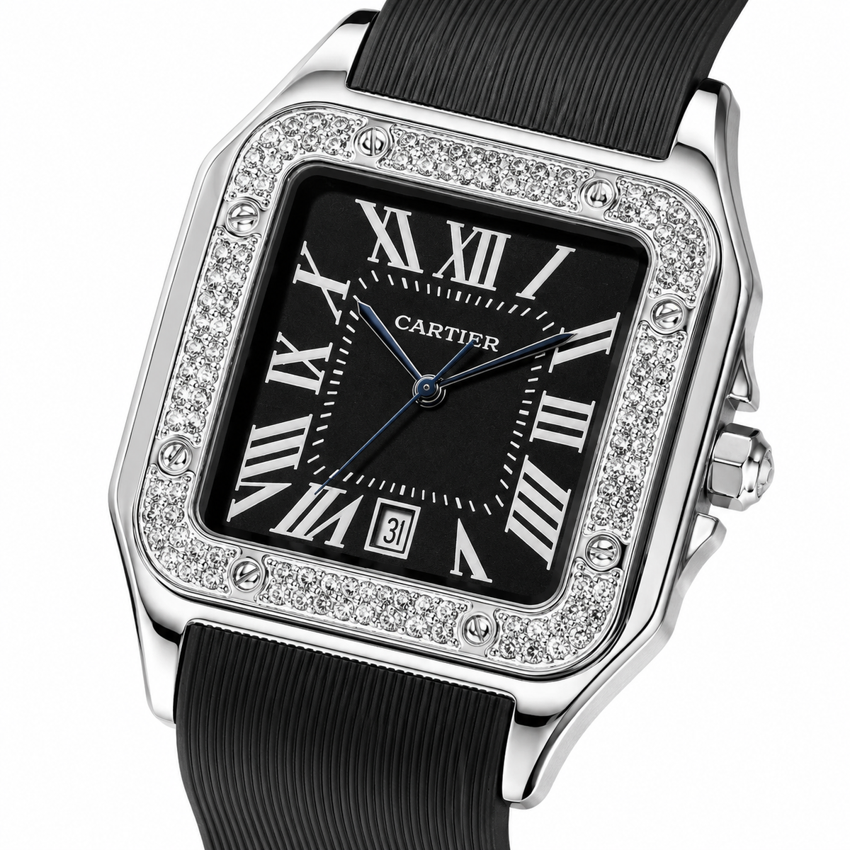 Silver Black Iced Tank Silicon Cartier Watch