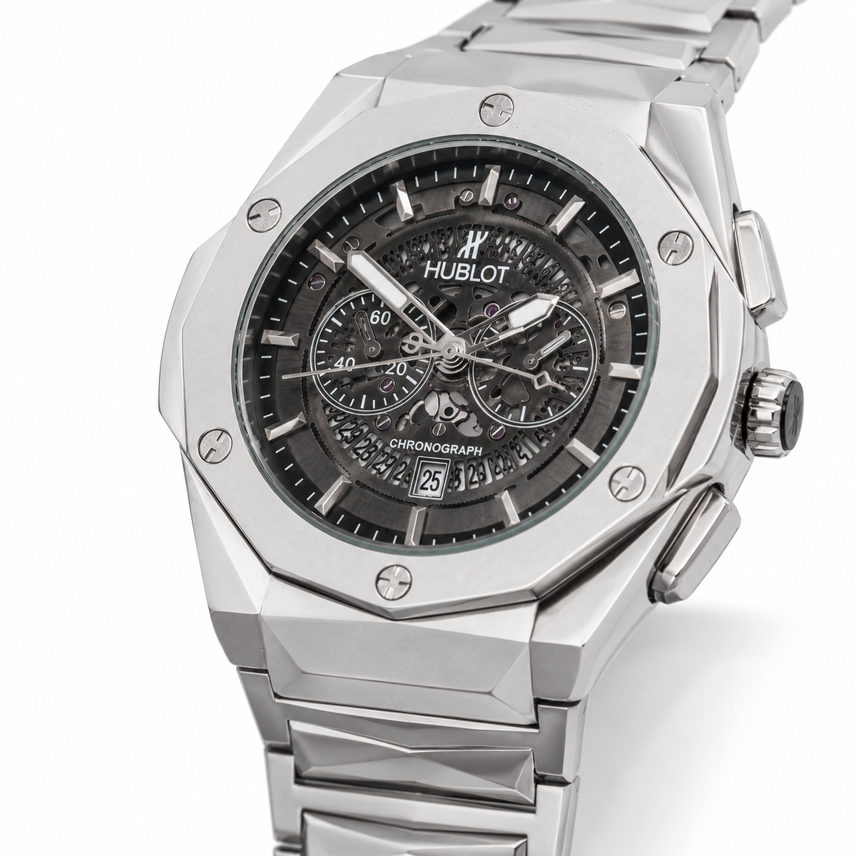 Silver Prism Chain Strapped Black Hologram Dial Hublot Watch