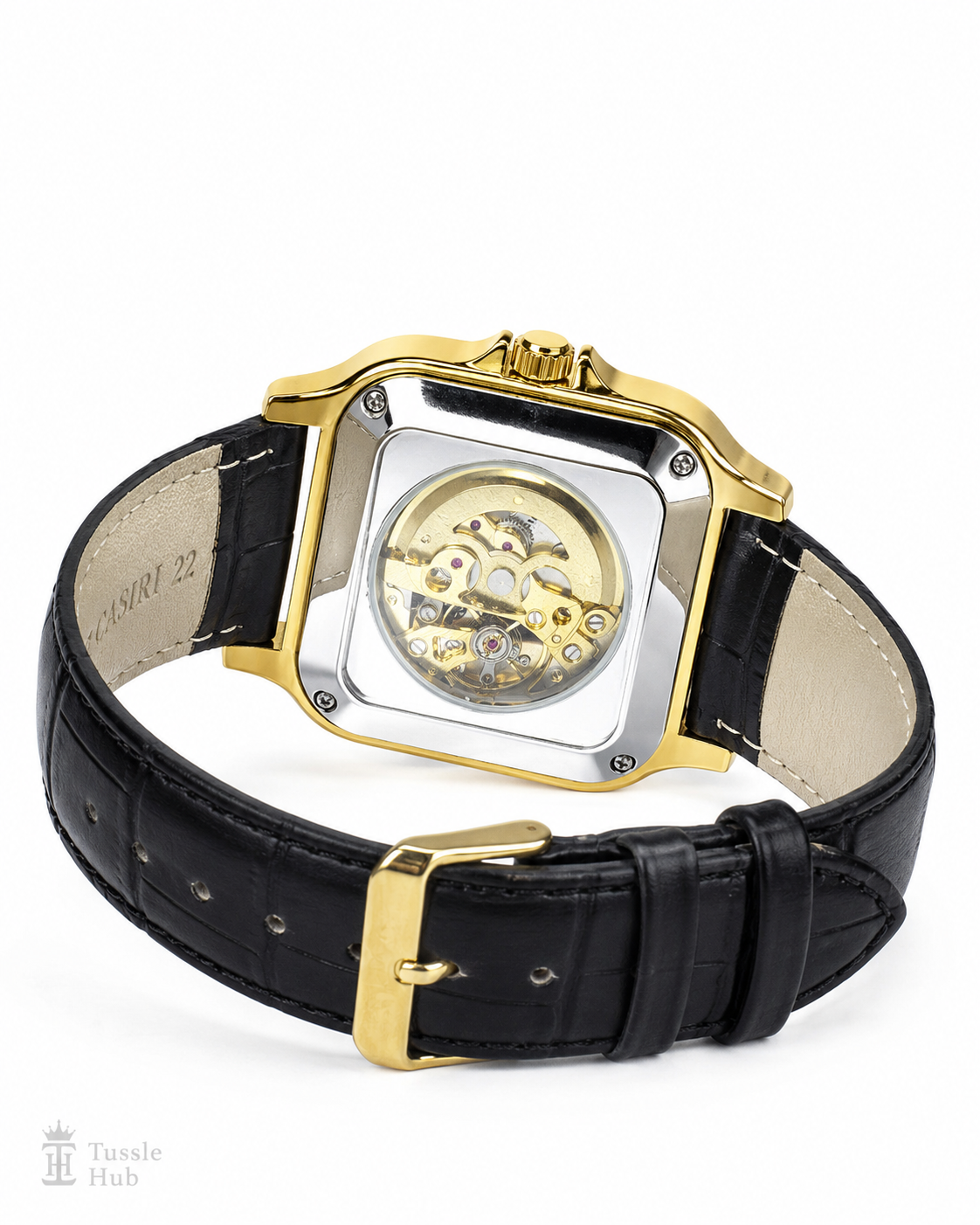 Black Gold White Tank Automatic Skeleton Watch