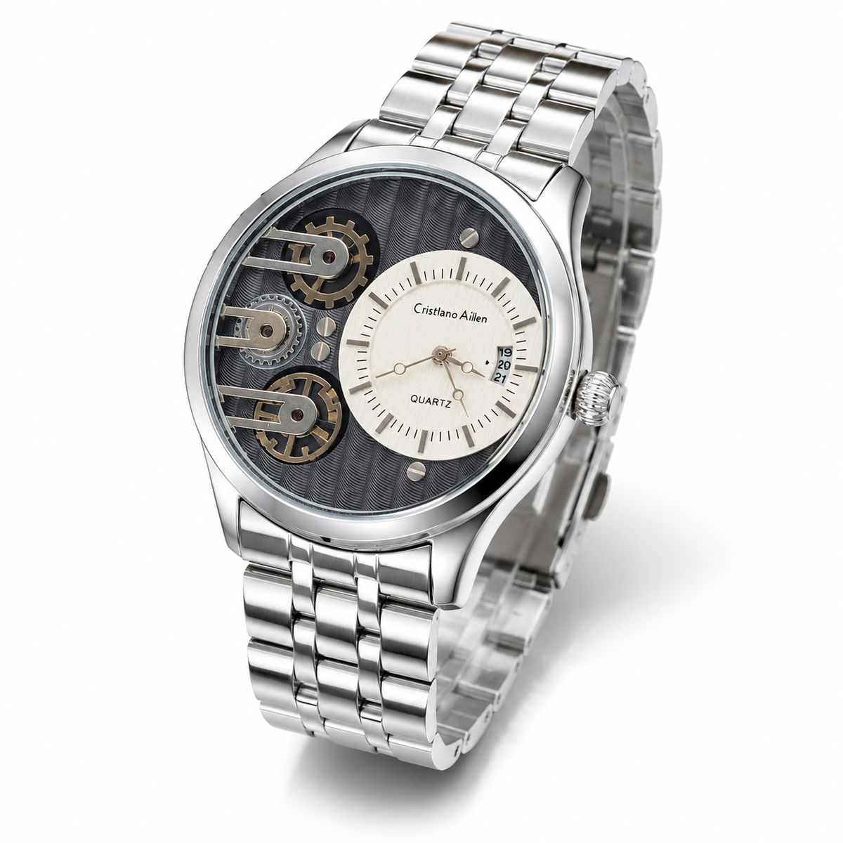 Silver Cristiano Aillen Black White Dial Dual Gear Watch