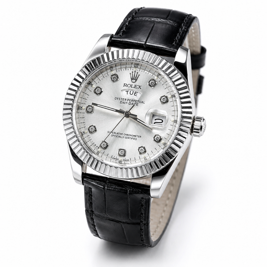 Black Silver White Day Date Leather Rolex Watch