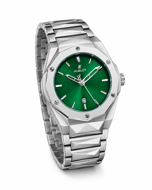 Silver Prism Chain Strapped Emerald Hublot Watch