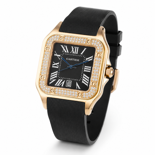 Rosegold Black Iced Tank Silicon Cartier Watch