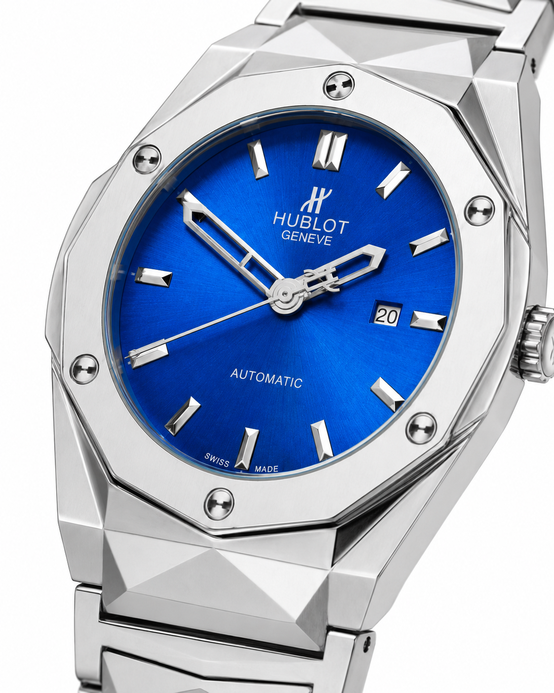 Silver Prism Chain Strapped Sapphire Dial Hublot Watch