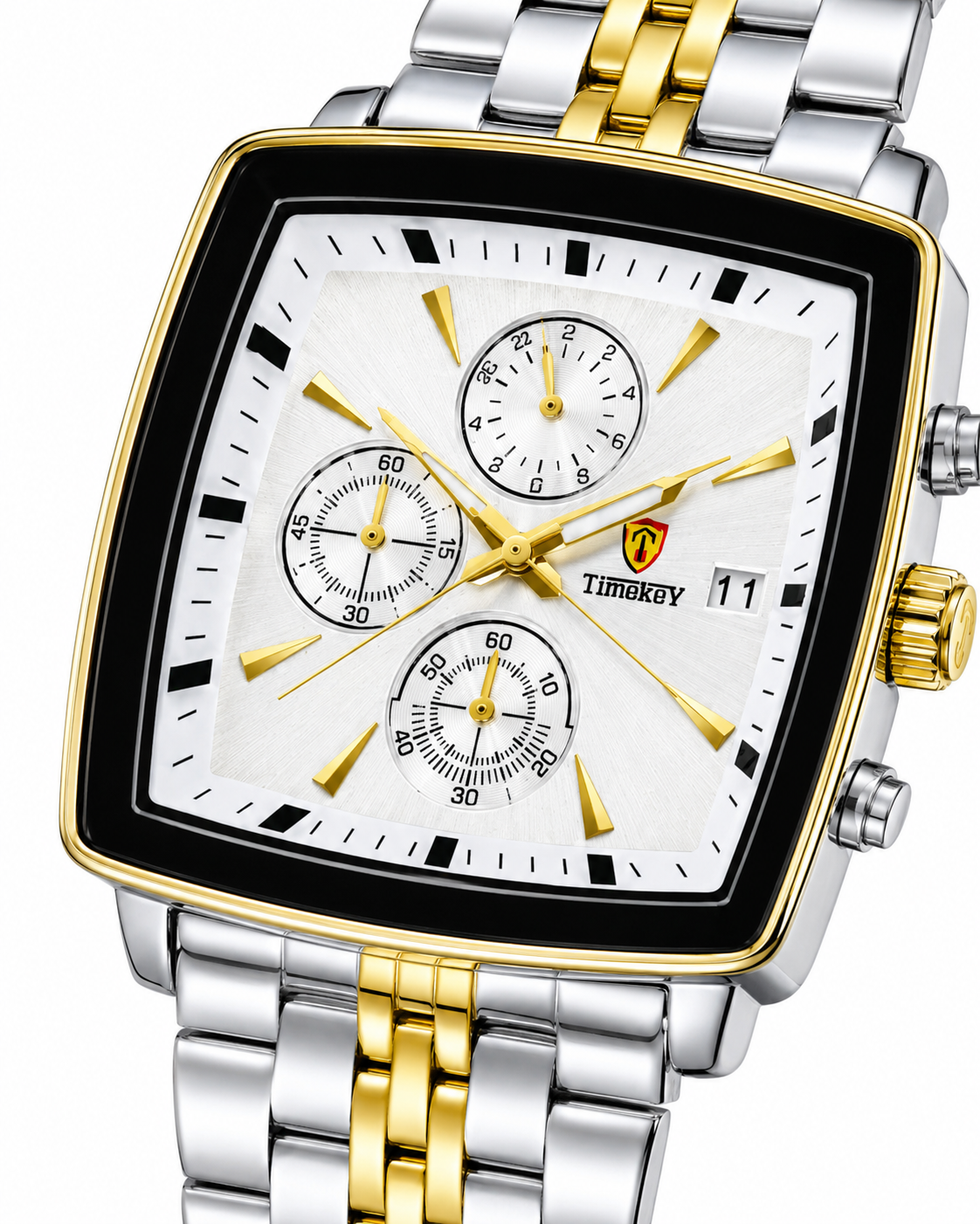 Timekey Two Tone White Square Chain Chronograph Watch