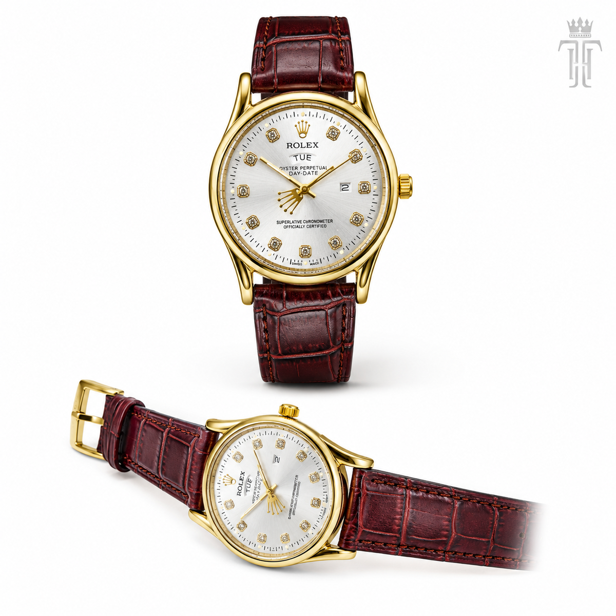Brown Gold White Round Leather Rolex Watch