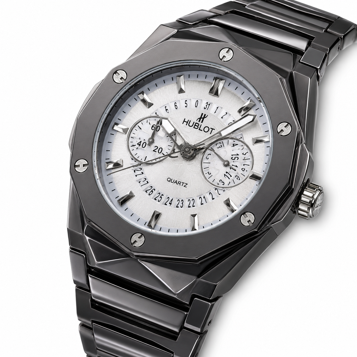Black Prism Chain Strapped Silver Hologram Dial Hublot Watch
