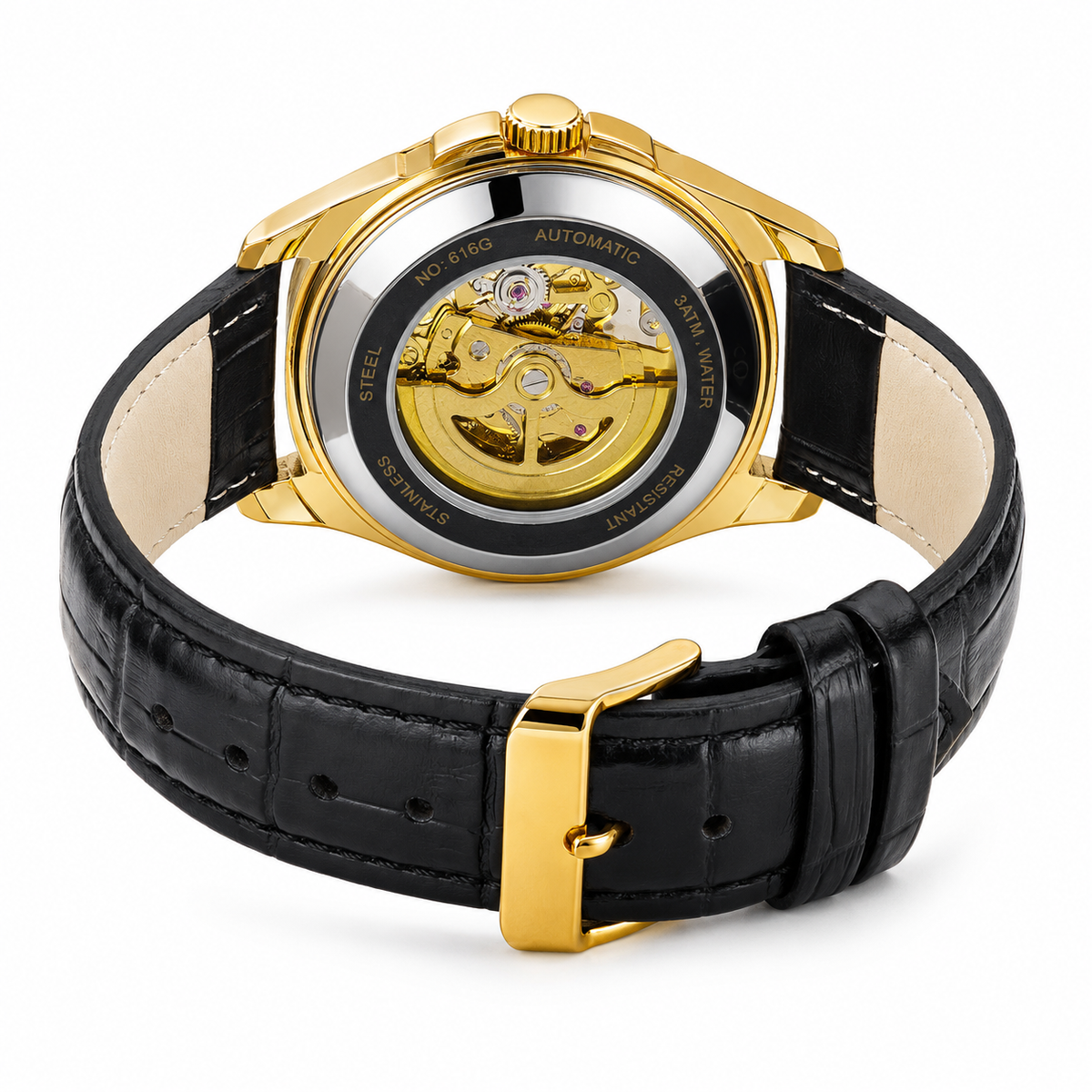 Casirui Black Gold Automatic Skeleton Leather watch