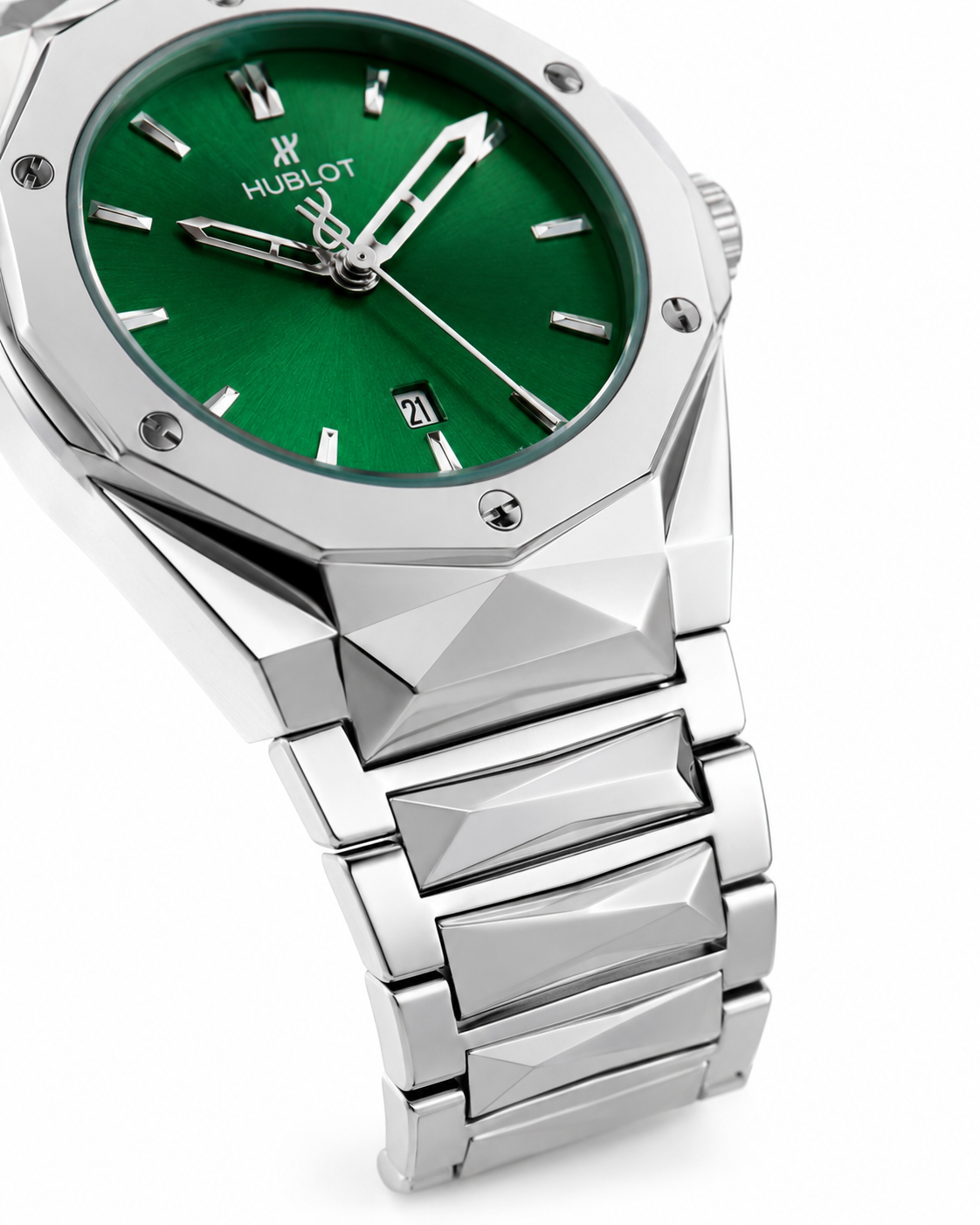 Silver Prism Chain Strapped Emerald Hublot Watch