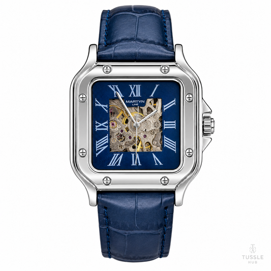 Blue Silver Tank Automatic Skeleton Watch