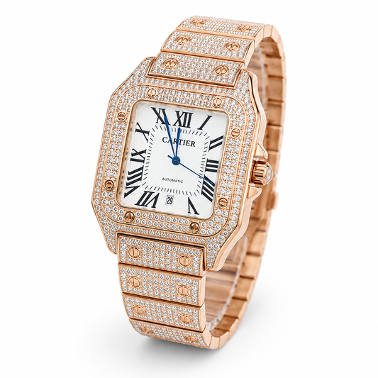 Square Iced Out Branded Rose gold White Dial Watch