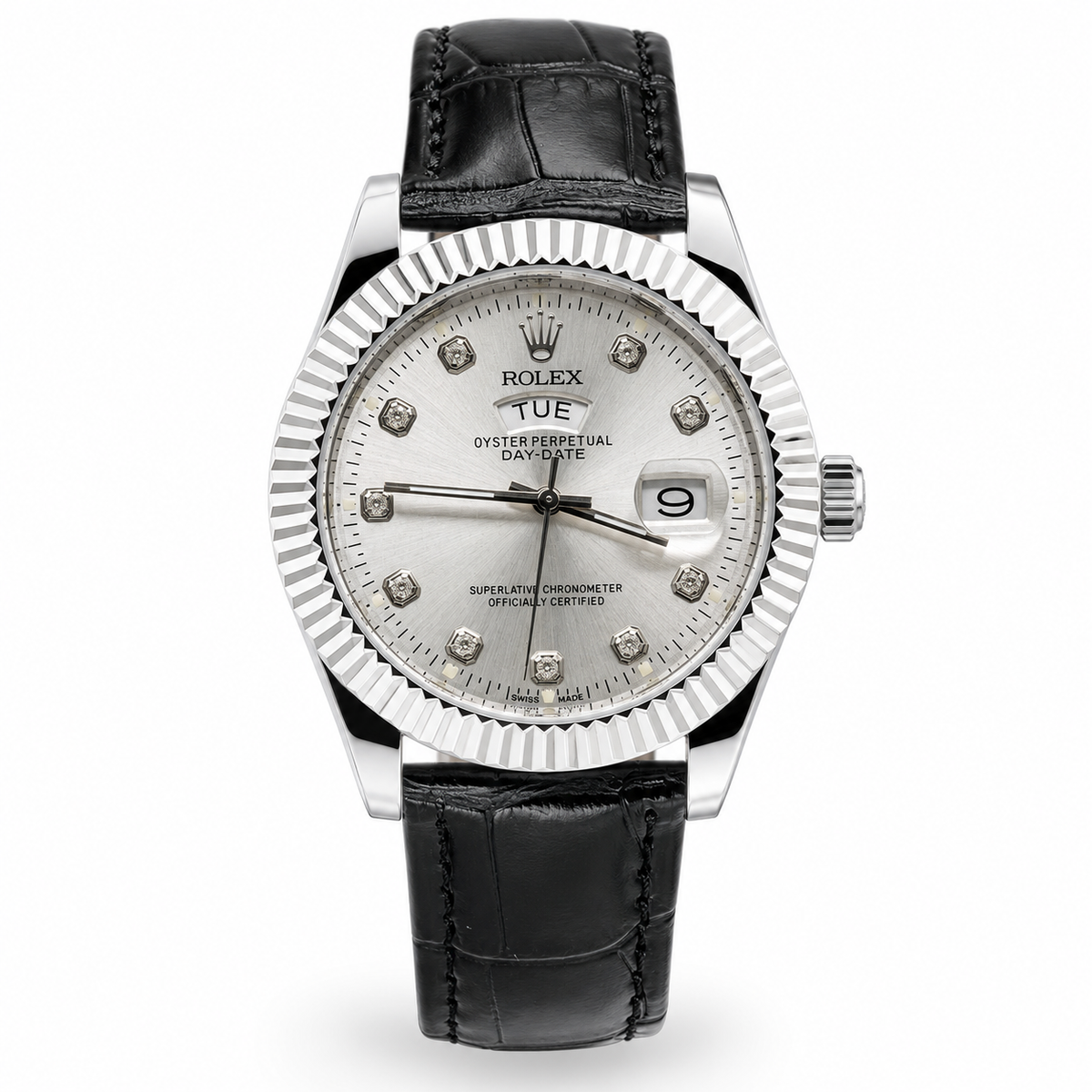 Black Silver White Day Date Leather Rolex Watch