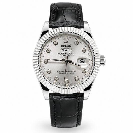 Black Silver White Day Date Leather Rolex Watch