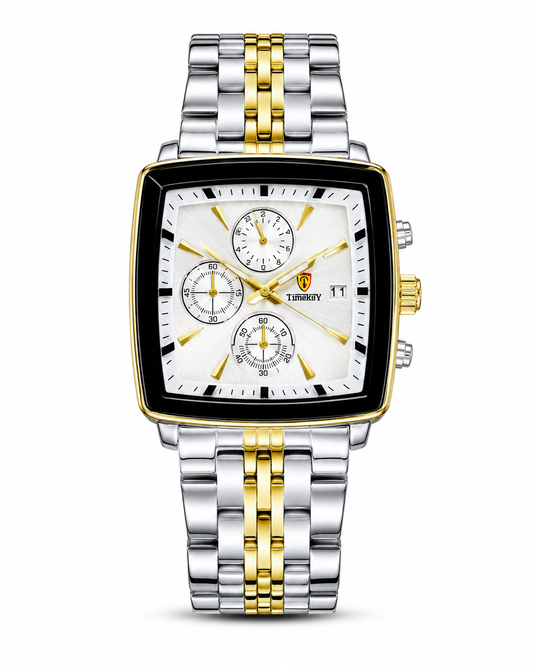 Timekey Two Tone White Square Chain Chronograph Watch