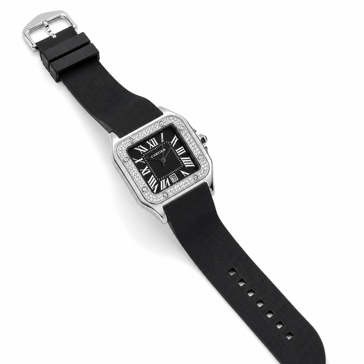 Silver Black Iced Tank Silicon Cartier Watch