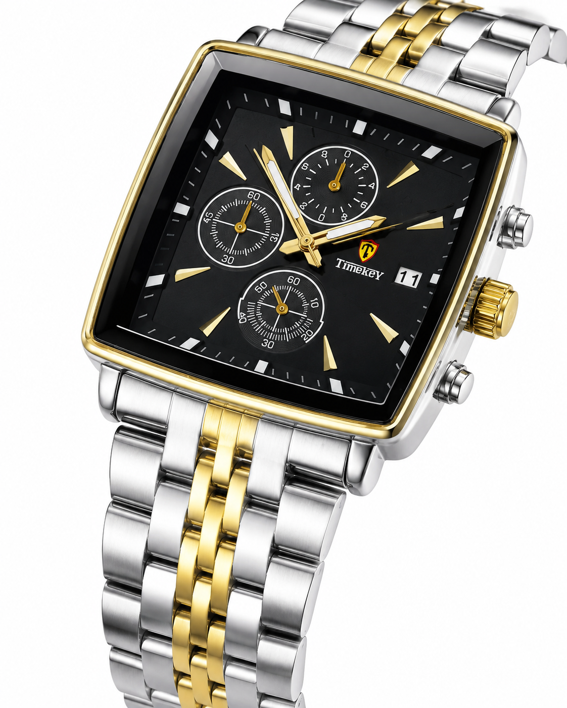 Timekey Two Tone Black Square Chain Chronograph Watch