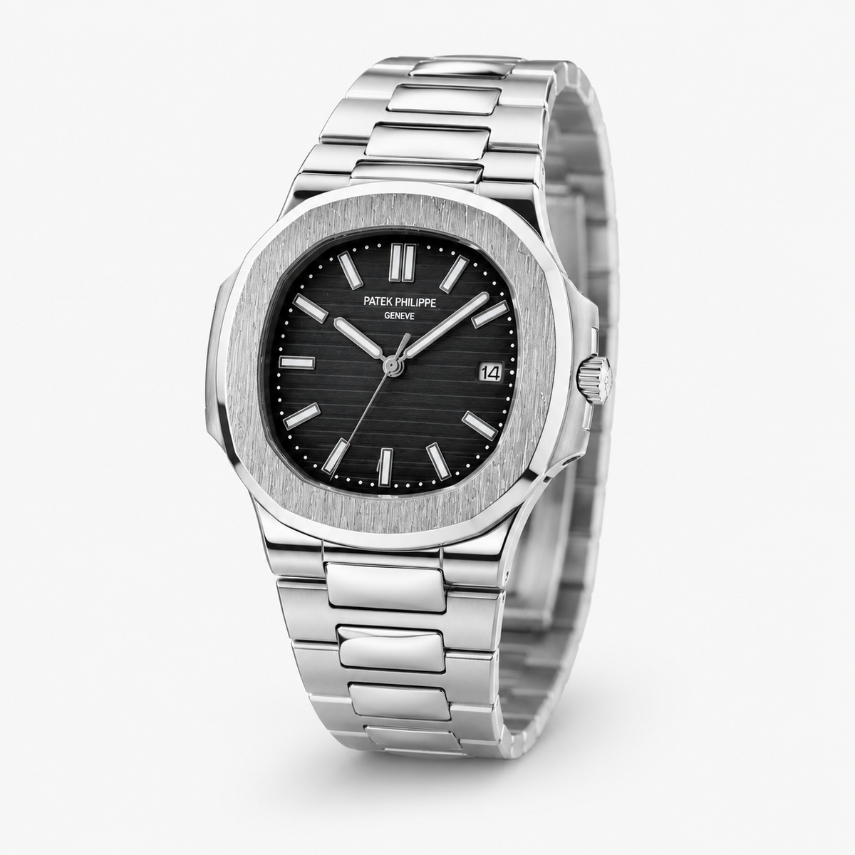 Silver Nautilus Black Dial Watch