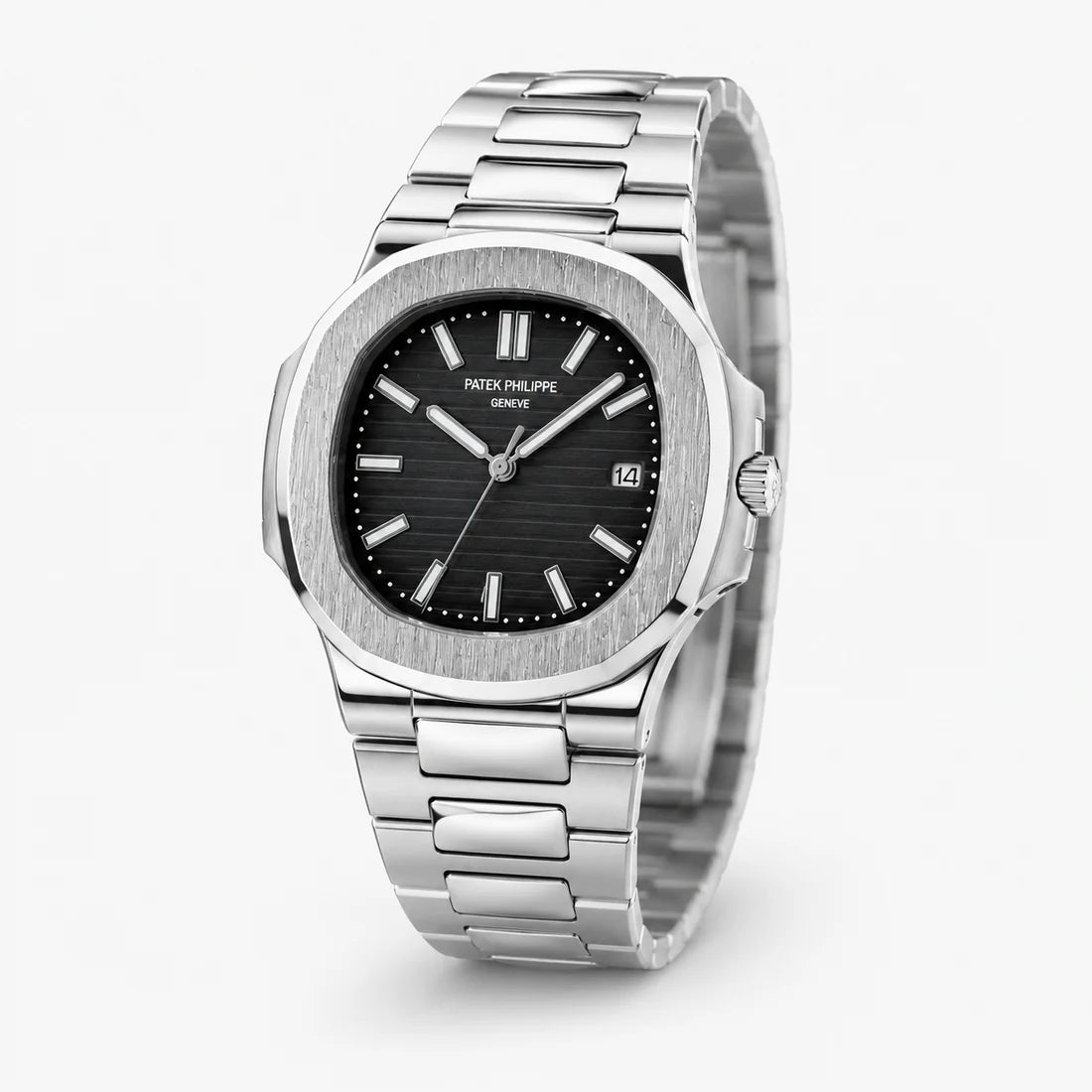 Silver Nautilus Black Dial Watch