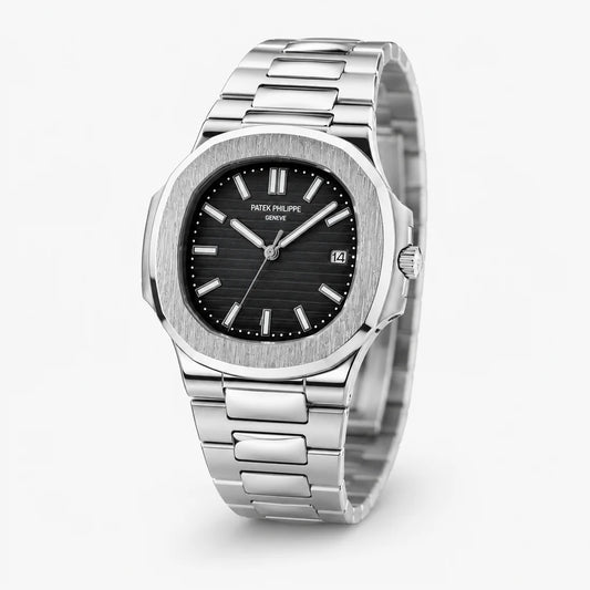 Silver Nautilus Black Dial Watch