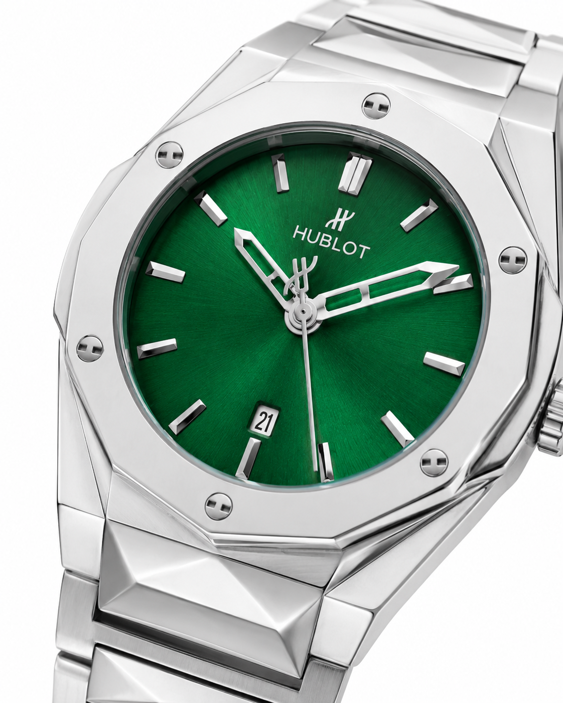 Silver Prism Chain Strapped Emerald Hublot Watch