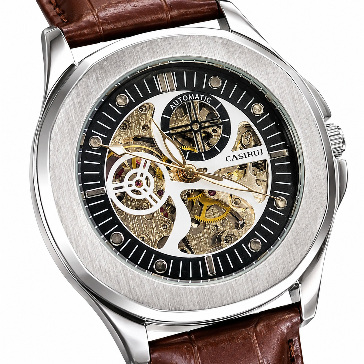 Casirui Brown Silver Automatic Skeleton Leather watch
