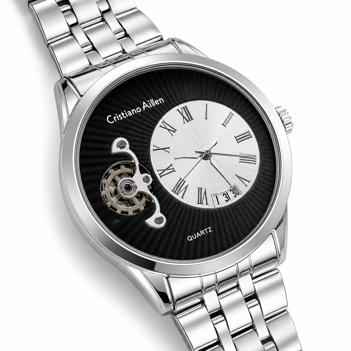 Silver Cristiano Aillen Black Spiral Gear Dial Watch