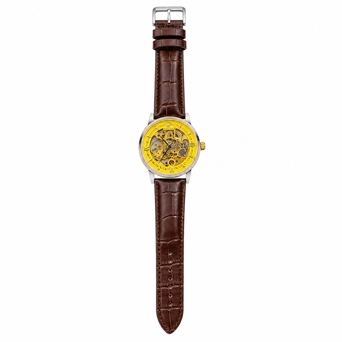 Leather Rol*x Brown Gold Automatic Skeleton Watch